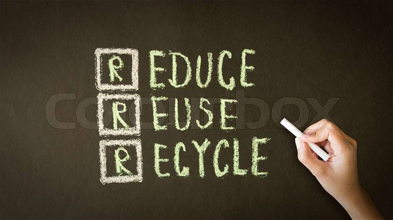 A person drawing and pointing at a Reduce, Reuse, Recycle Chalk Drawing, stock photo