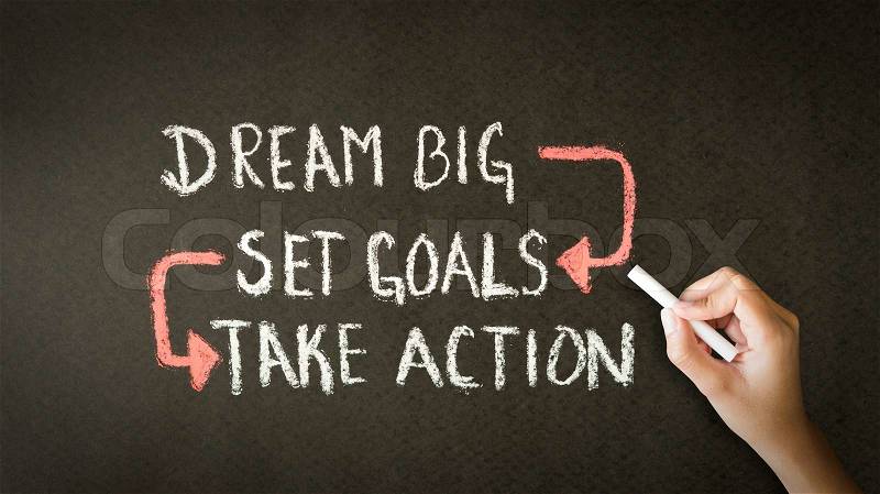A person drawing and pointing at a Dream Big, Set Goals, Take Action chalk illustration, stock photo