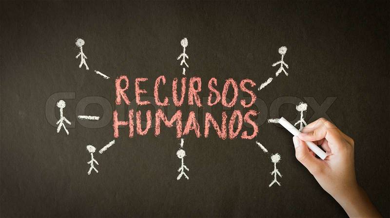 A person drawing and pointing at a Human resource chalk drawing, stock photo