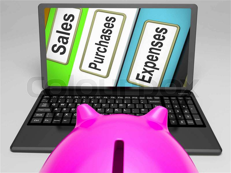 Sales Purchases Expenses Files On Laptop Shows Commerce And Transactions, stock photo
