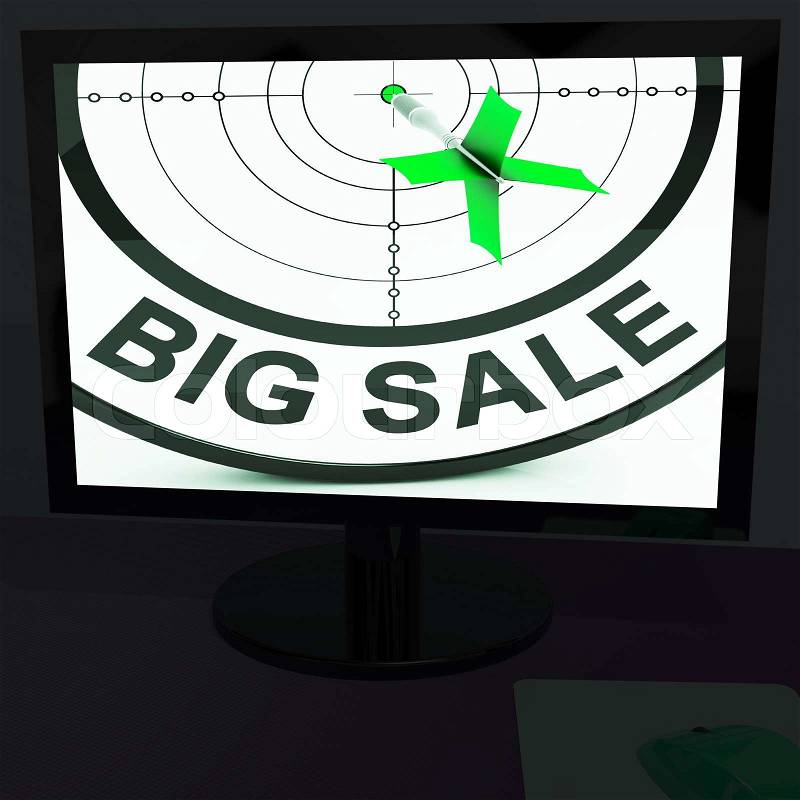 Big Sale On Monitor Shows Big Promotions And Discounts, stock photo