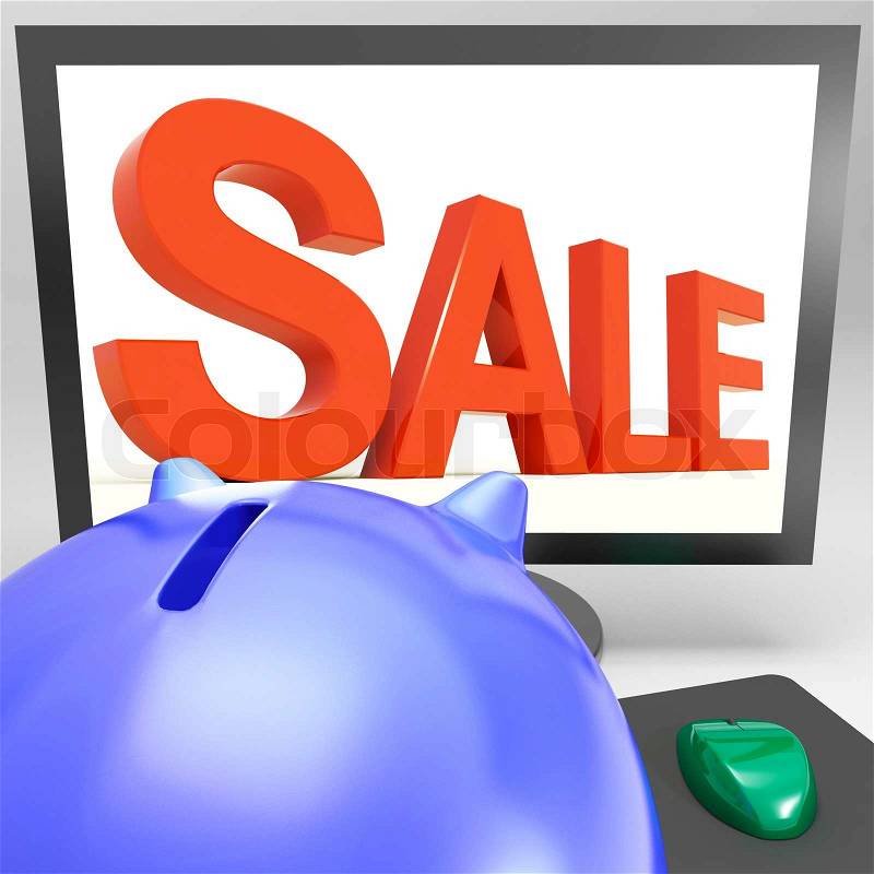 Sale On Monitor Shows Promotional Prices And Discounts, stock photo