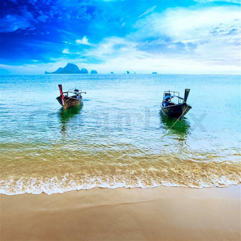 Travel boat on Thailand island beach. Tropical coast Asia landscape background, stock photo