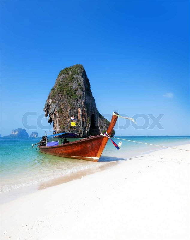 Travel boat on Thailand island beach. Tropical coast Asia landscape background, stock photo
