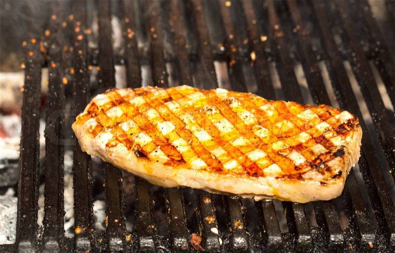 Catfish steak cooking on the grill, stock photo