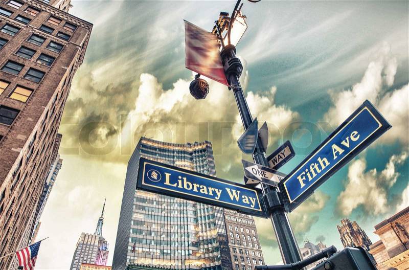 Library Way and 5th Avenue street sign in New York City, stock photo
