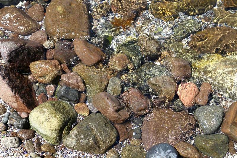 Wet stones on the beach. Close-up. Background, stock photo