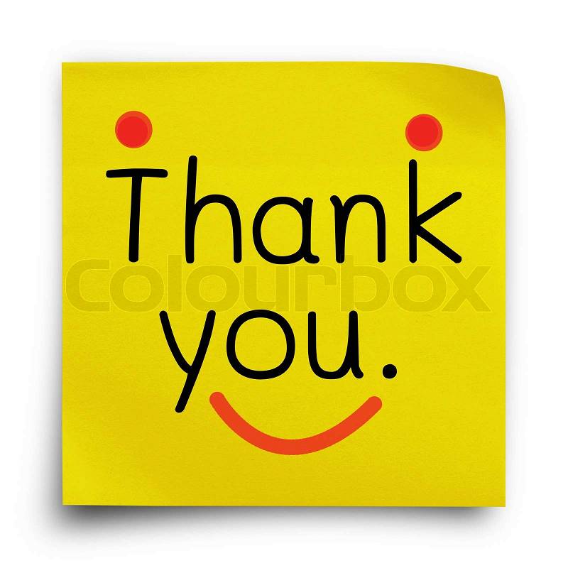 Thank you word on yellow sticker paper note on white background, stock photo
