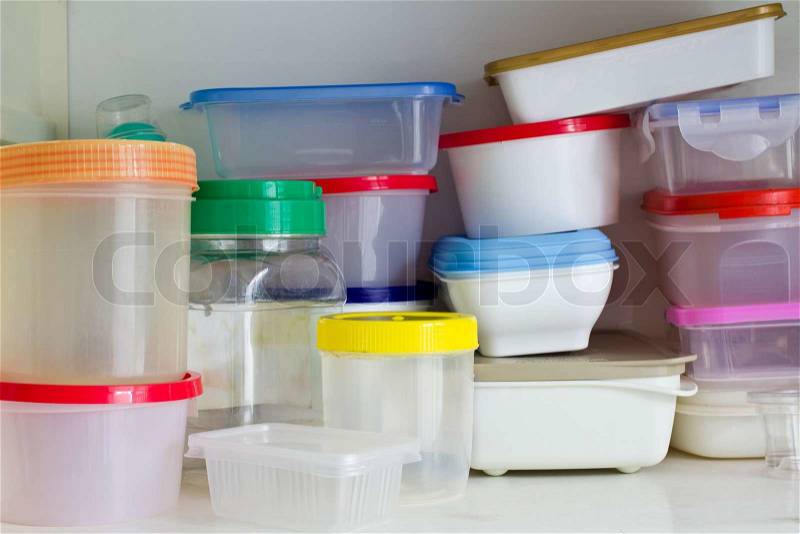 Reusable plastic container in the larder, stock photo