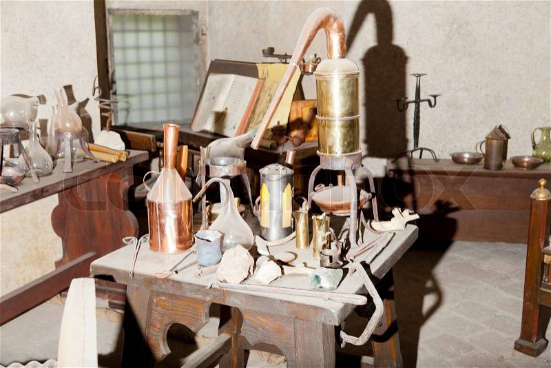 Old laboratory with test tubes and chemical materials, stock photo