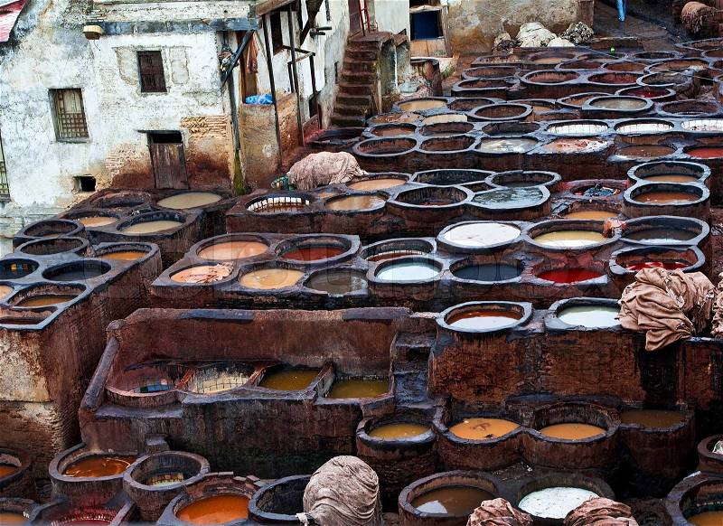 The Moroccan leather factories, ancient craft in Medina of Fes, stock photo