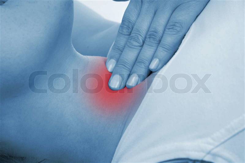 Sore thyroid gland, shown red, isolated on white background, stock photo