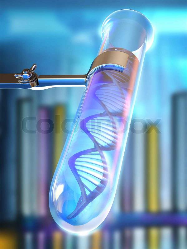 Test tube with DNA in a liquid with a background representing a laboratory, stock photo