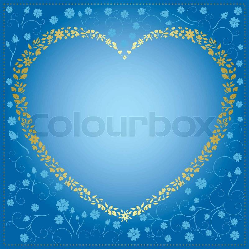 Blue and gold decorative card with heart - frame, stock photo