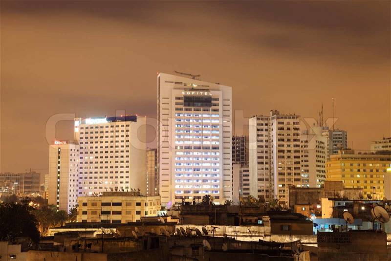 Highrise hotel buildings at night. Casablanca, Morocco, North Africa, stock photo
