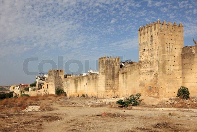 Fortified wall over the old town of Fes, Morocco, North Africa, stock photo