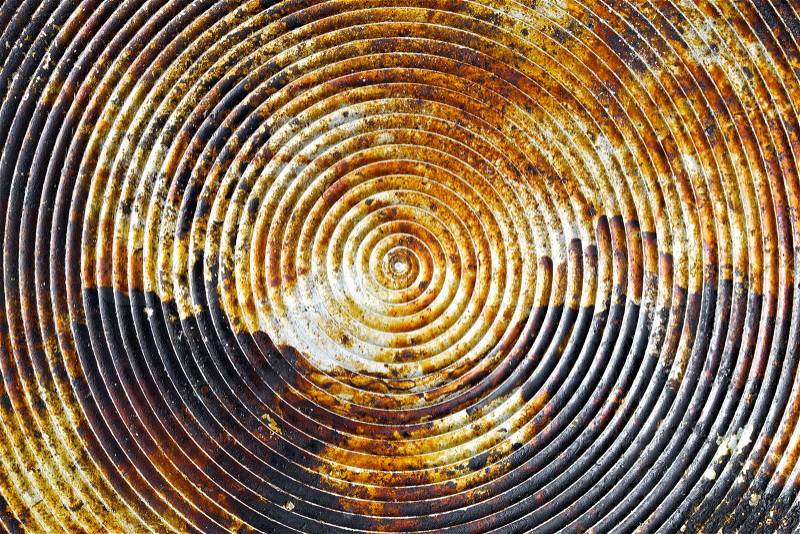 Close up shot of old spiral on metal plate texture background, stock photo