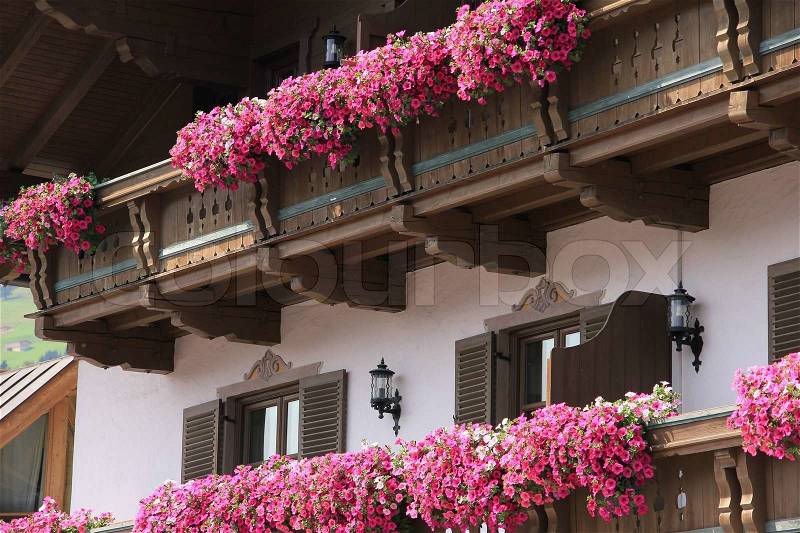 Blooming pink flowers on the balcony in flower boxes of the house in the wonderful summer, stock photo