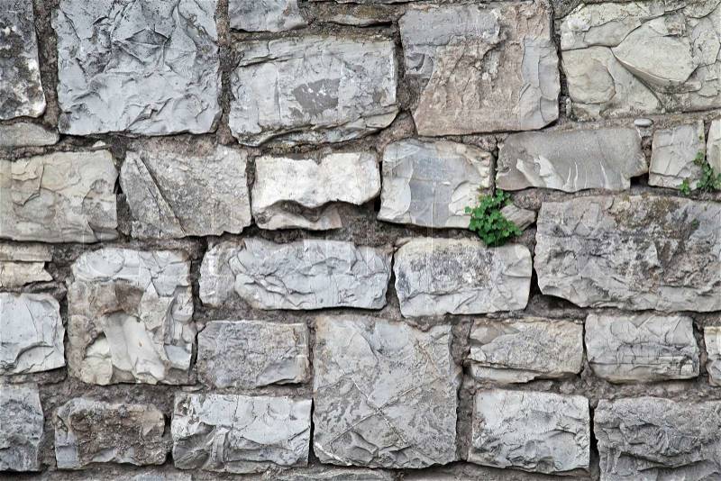 Old gray stone wall with green grass between blocks, stock photo