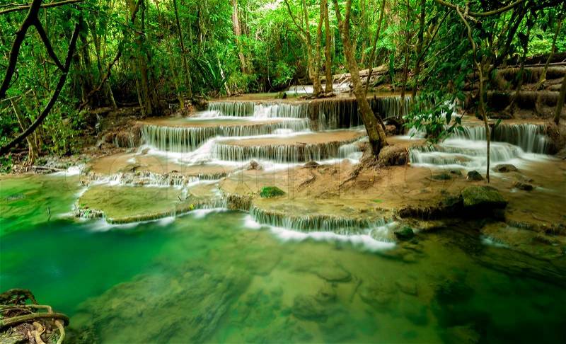 Paradise Waterfall Huay Mae Kamin Waterfall in Kanchanaburi, Thailand, stock photo