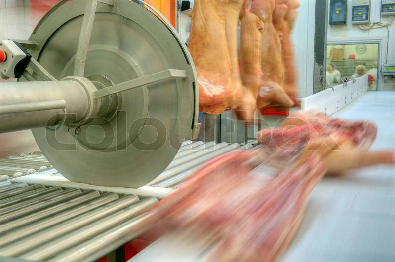 Close up of meat processing in food industry, stock photo