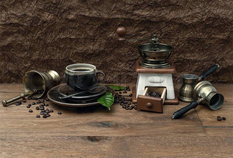 Vintage still life with cup of coffee and antique accessories. retro style image, stock photo
