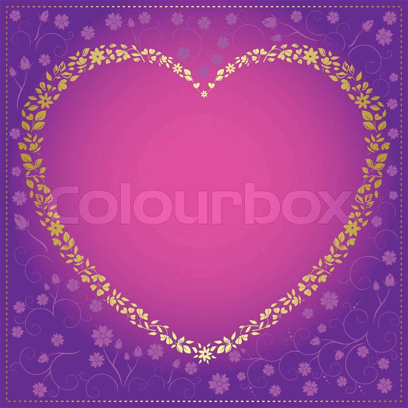 Gold and violet decorative card with heart - frame, stock photo