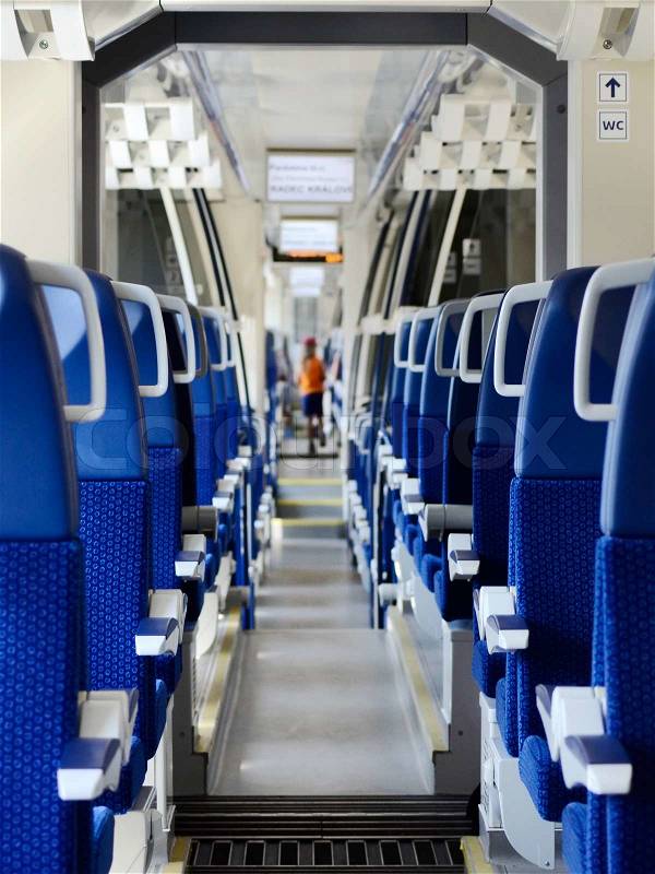 New regional Czech Railways train seats and corridor, stock photo