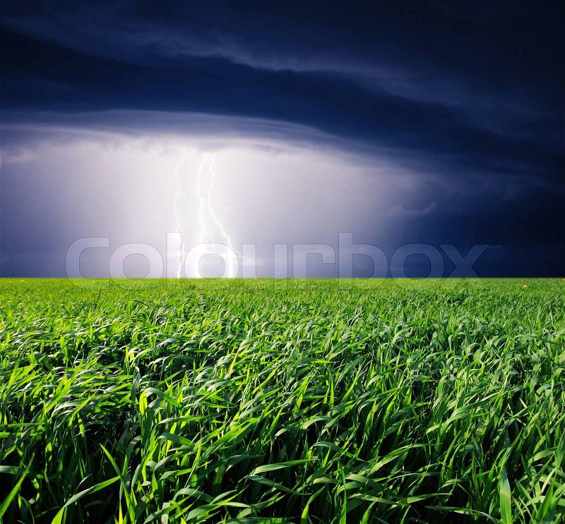 Thunderstorm with lightning in green meadow. Dark ominous clouds, stock photo