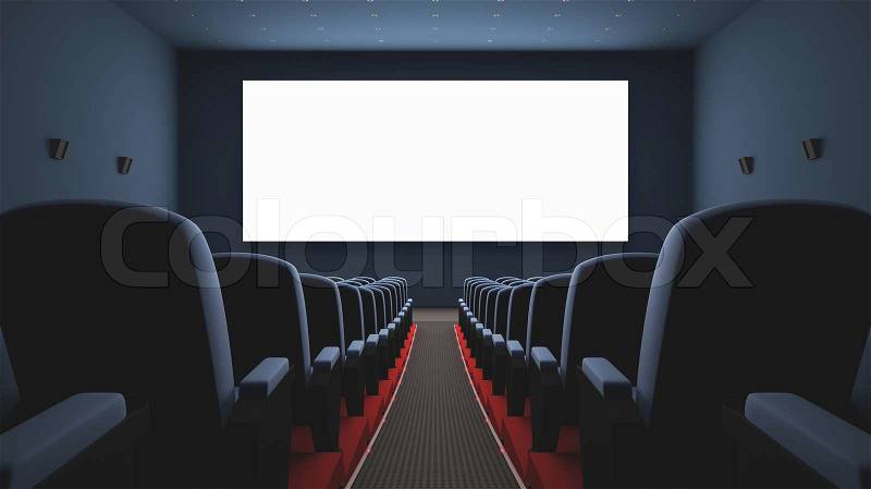 Inside of the cinema. Several empty seats waiting the movie on the screen. Your text or picture on the white screen, stock photo
