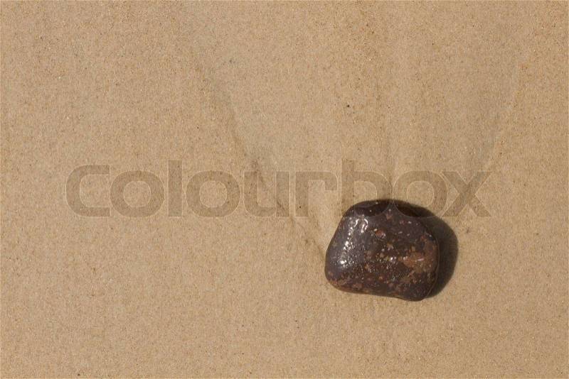 Top down shots of dark brownish stone on wet sand at beach. Seen from directly above. Plenty of copy space, stock photo