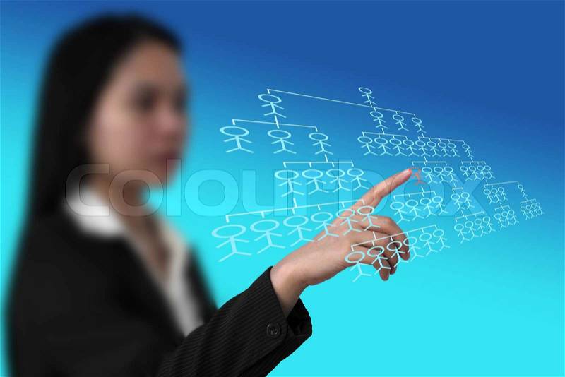 Asian business woman do organization chart on touch screen interface for build business concept selective focus on finger, stock photo