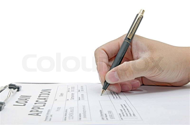 Male hand signing on loan application contract on white, stock photo