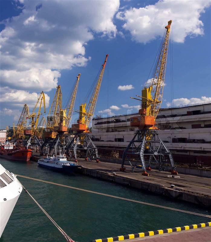 Cargo sea port and sea cargo cranes. Odessa, Ukraine, stock photo