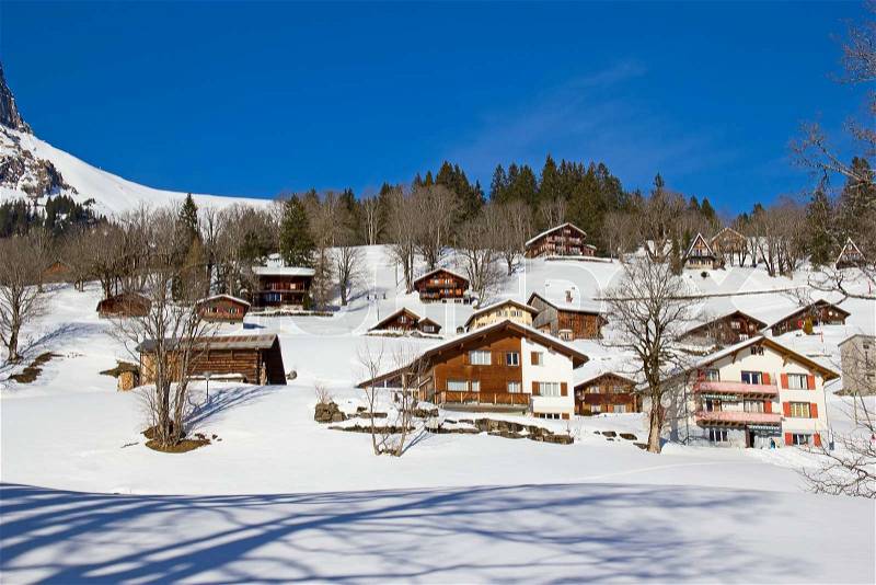 Winter in the swiss alps Braunwald, Glarus, Switzerland, stock photo