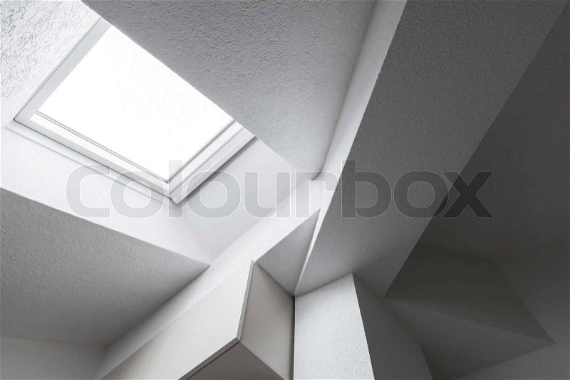 Abstract white interior fragment with ceiling, beams and window, stock photo
