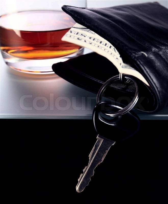 Whisky,money and key from car, stock photo