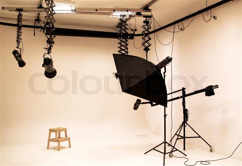 Big professional photo studio with expensive equipment , stock photo