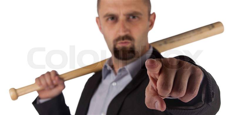 Angry looking man with bat, isolated on a white background, stock photo