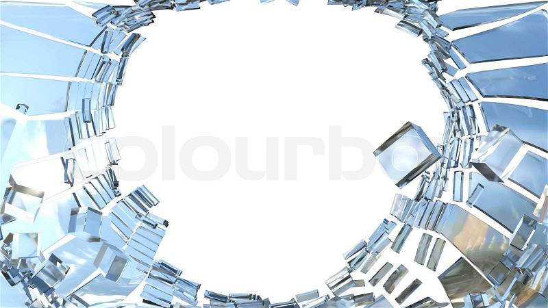 Shattered window glass and blue sky isolated on white, stock photo