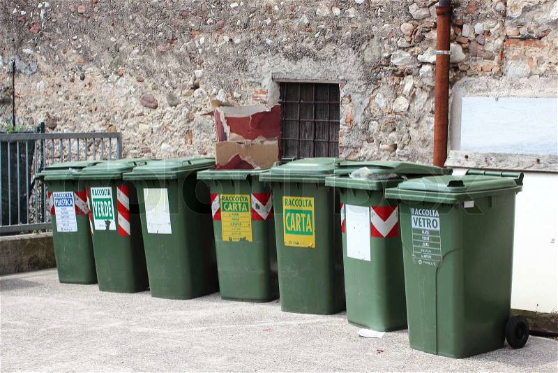 Line of garbage bin sorted for recycling, stock photo