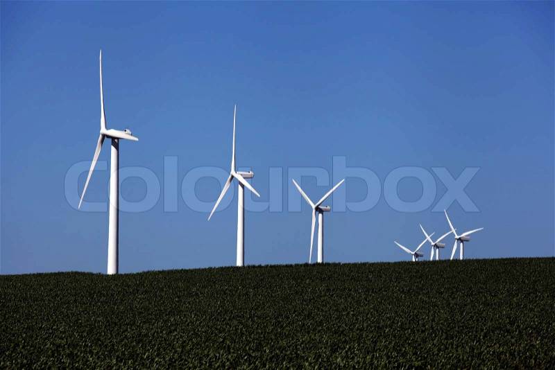 Wind park with six wind turbines, stock photo