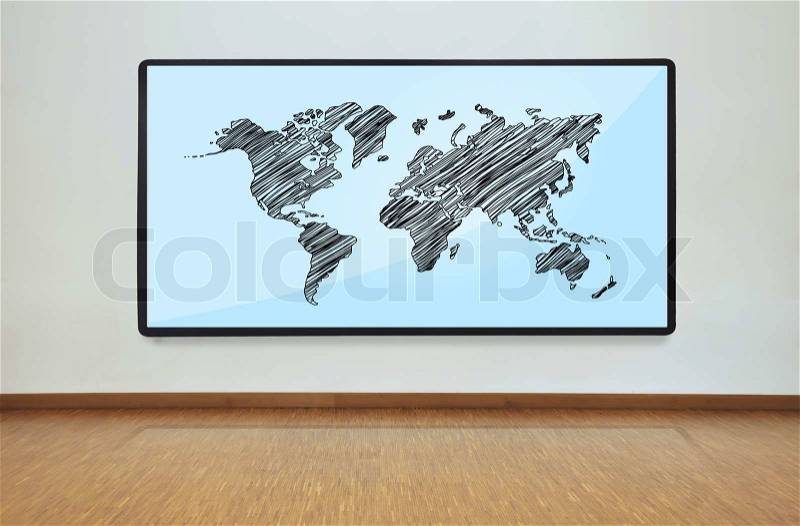 Plasma panel with world map on wall in office, stock photo