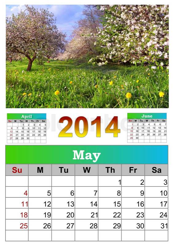 2014 Calendar May Beautiful spring landscape in the apples garden, stock photo