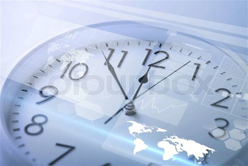 Future technology and time management concept - clock and virtual screen, stock photo