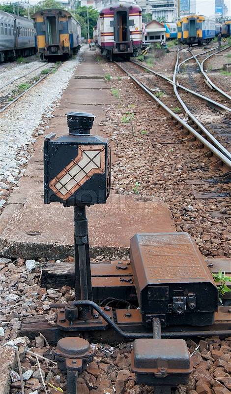 Railroad switch in the urban station, stock photo