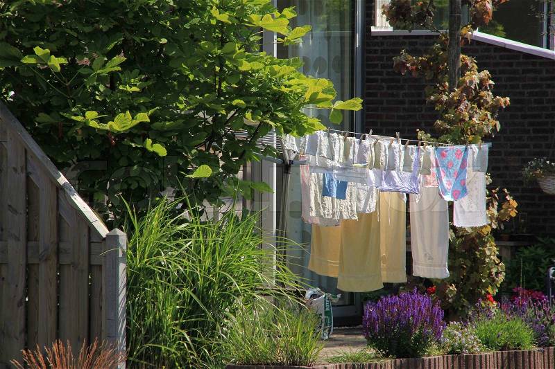 Drying clothes in the garden, stock photo