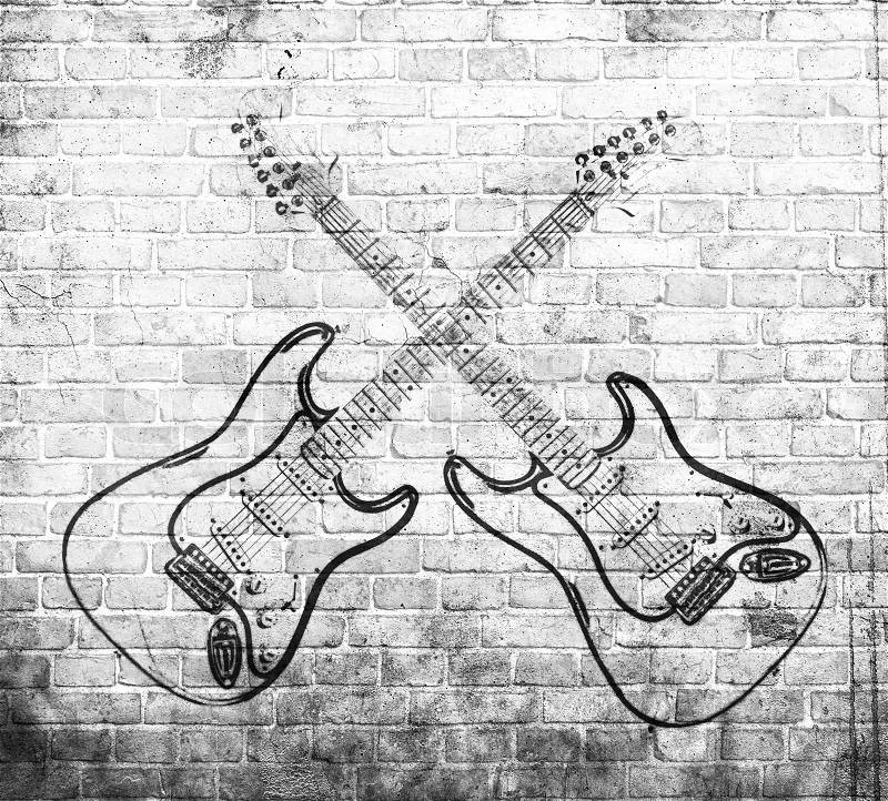 Grunge rock music poster on brick wall, stock photo