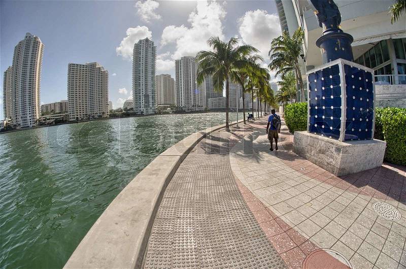 Miami, Florida. Wonderful view of city buildings along the sea, stock photo