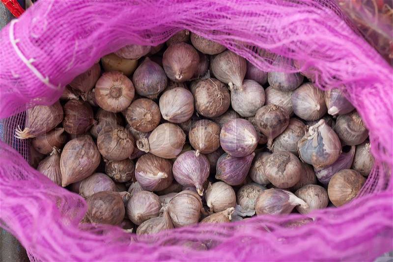 Single clove garlic in net bag, stock photo